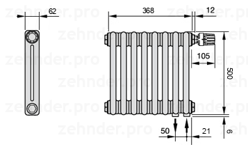 Схема (чертеж) Радиатор Zehnder Charleston 2050/8 №V002 Белый глянцевый RAL 9016
